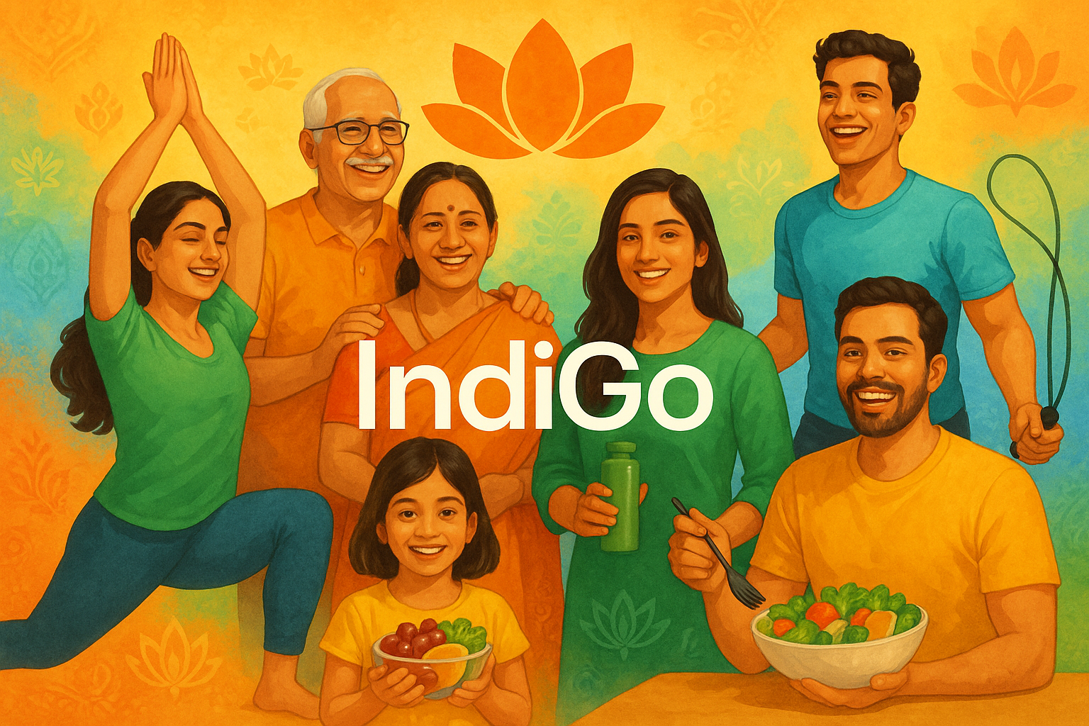 Imagine and create a image of a brand in health care niche service to indian customers with the name of the brand is IndiGo inspired from Indian and Go which is about getting their life and daily lifestyle in a better way by serving with the products that they use to better themselves 

Make sure it does have happy faces with happy background 